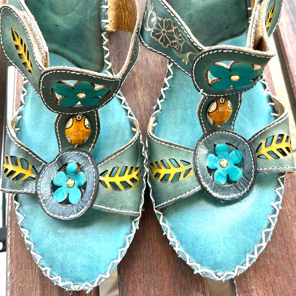 Spring Step L’Artiste Teal Slide Heel Sandals- Cute!!